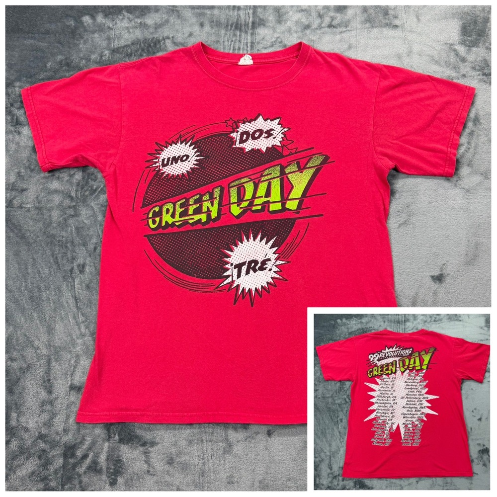 Green Day 99 Revolutions Tour T-Shirt Mens Medium Red Uno Dos Tre 2012 Band Tee‎